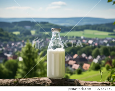 Bottle of homemade village milk against the backdrop of the village. AI Bottle of homemade village milk against the backdrop of the village. AI 107667439