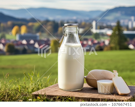 Bottle of homemade village milk against the backdrop of the village. AI 107667451