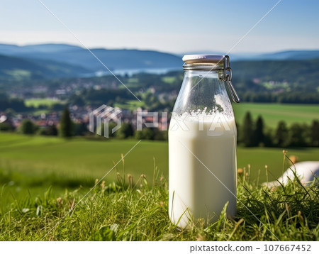 Bottle of homemade village milk against the backdrop of the village. AI Bottle of homemade village milk against the backdrop of the village. AI 107667452