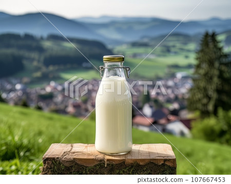 Bottle of homemade village milk against the backdrop of the village. AI 107667453