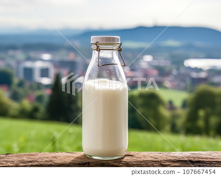 Bottle of homemade village milk against the backdrop of the village. AI 107667454