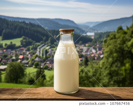 Bottle of homemade village milk against the backdrop of the village. AI 107667456