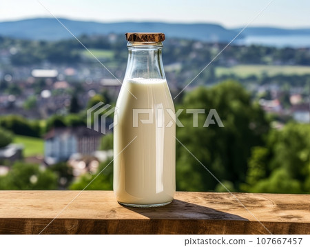 Bottle of homemade village milk against the backdrop of the village. AI 107667457