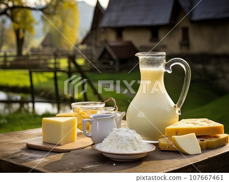 Table with board of different types of cheeses and milk on farmhouse table. AI 107667461
