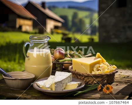 Table with board of different types of cheeses and milk on farmhouse table. AI 107667464