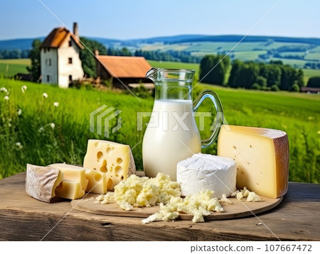 Table with board of different types of cheeses and milk on farmhouse table. AI 107667472
