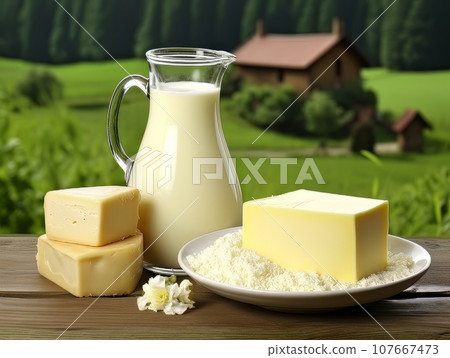Table with board of different types of cheeses and milk on farmhouse table. AI 107667473