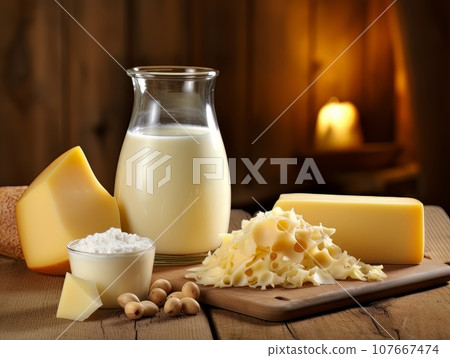 Table with board of different types of cheeses and milk on farmhouse table. AI Table with board of different types of cheeses and milk on farmhouse table. AI 107667474