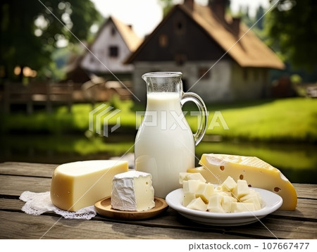 Table with board of different types of cheeses and milk on farmhouse table. AI 107667477