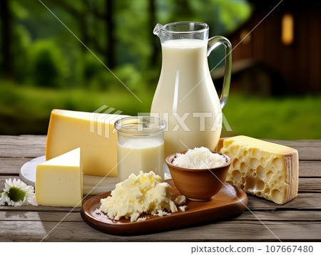 Table with board of different types of cheeses and milk on farmhouse table. AI 107667480