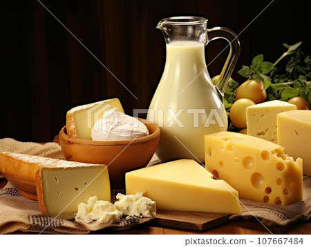 Table with board of different types of cheeses and milk on farmhouse table. AI Table with board of different types of cheeses and milk on farmhouse table. AI 107667484