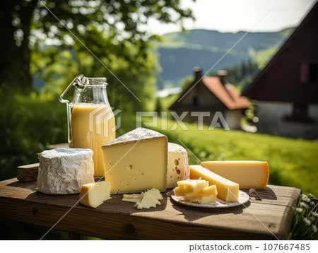 Table with board of different types of cheeses and milk on farmhouse table. AI 107667485