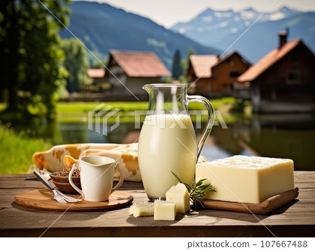 Table with board of different types of cheeses and milk on farmhouse table. AI 107667488