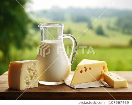 Table with board of different types of cheeses and milk on farmhouse table. AI 107667489