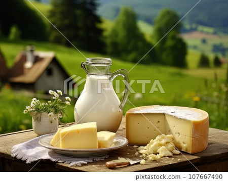 Table with board of different types of cheeses and milk on farmhouse table. AI Table with board of different types of cheeses and milk on farmhouse table. AI 107667490