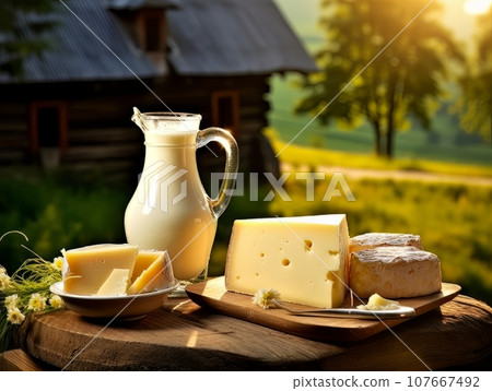 Table with board of different types of cheeses and milk on farmhouse table. AI Table with board of different types of cheeses and milk on farmhouse table. AI 107667492