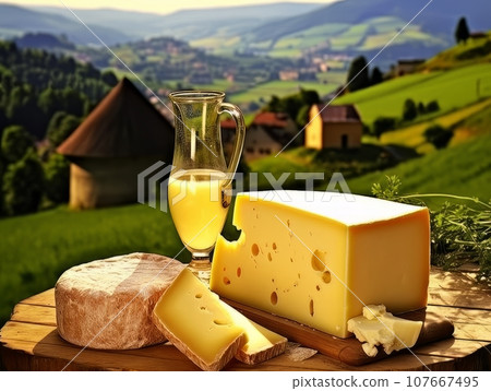 Table with board of different types of cheeses and milk on farmhouse table. AI Table with board of different types of cheeses and milk on farmhouse table. AI 107667495
