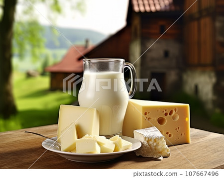 Table with board of different types of cheeses and milk on farmhouse table. AI 107667496