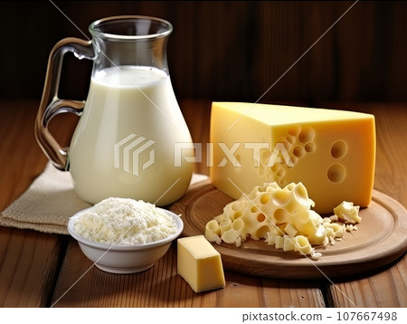 Table with board of different types of cheeses and milk on farmhouse table. AI 107667498