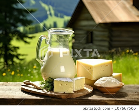 Table with board of different types of cheeses and milk on farmhouse table. AI 107667500