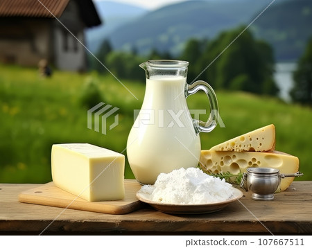 Table with board of different types of cheeses and milk on farmhouse table. AI 107667511