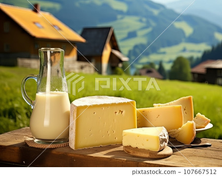 Table with board of different types of cheeses and milk on farmhouse table. AI 107667512