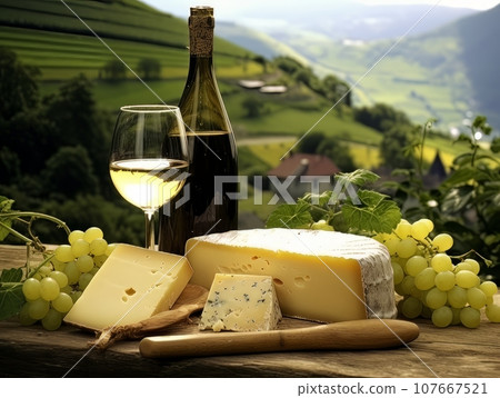 Cheese board with different varieties and white wine against the backdrop of village. AI Cheese board with different varieties and white wine against the backdrop of village. AI 107667521