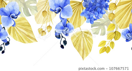 watercolor pattern, seamless border, frame of dry tropical leaves and flowers in boho style. dried flowers, palm leaves, blue orchid 107667571