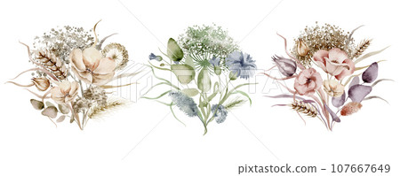 Wildflowers watercolor bouquet. Illustration set of floral bouquet of dried flowers on a white background drawn by hand. Wildflowers watercolor bouquet. Illustration set of floral bouquet of dried flowers on a white background drawn by hand. 107667649