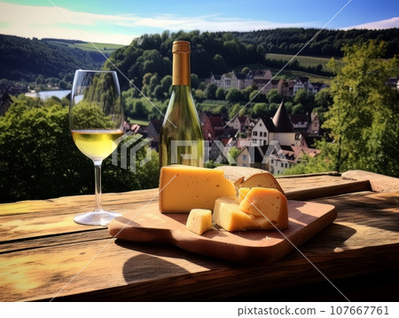 Cheese board with different varieties and white wine against the backdrop of village. AI Cheese board with different varieties and white wine against the backdrop of village. AI 107667761