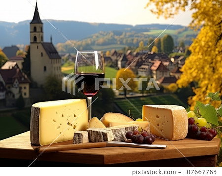 Cheese board with different varieties and red wine against the backdrop of village. AI Cheese board with different varieties and red wine against the backdrop of village. AI 107667763