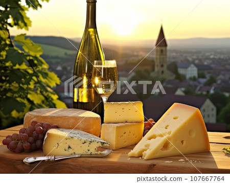 Cheese board with different varieties and white wine against the backdrop of village. AI 107667764