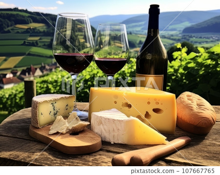 Cheese board with different varieties and red wine against the backdrop of village. AI Cheese board with different varieties and red wine against the backdrop of village. AI 107667765