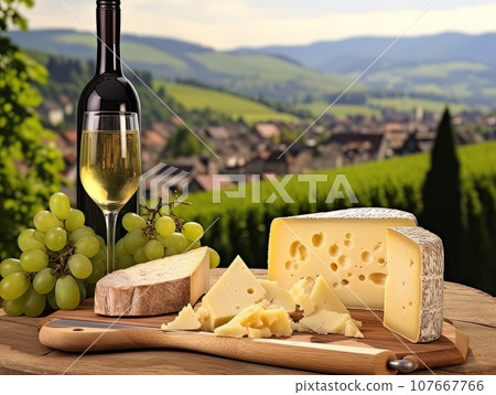 Cheese board with different varieties and white wine against the backdrop of village. AI 107667766