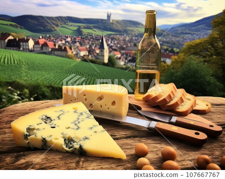 Cheese board with different varieties and white wine against the backdrop of village. AI Cheese board with different varieties and white wine against the backdrop of village. AI 107667767