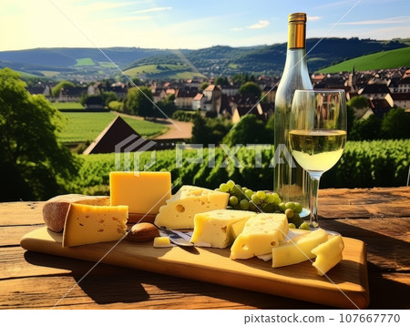 Cheese board with different varieties and white wine against the backdrop of village. AI 107667770
