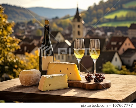 Cheese board with different varieties and white wine against the backdrop of village. AI 107667777