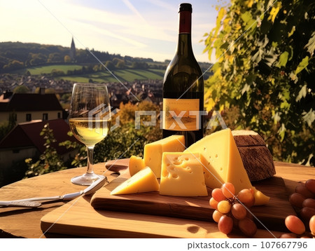 Cheese board with different varieties and white wine against the backdrop of village. AI 107667796