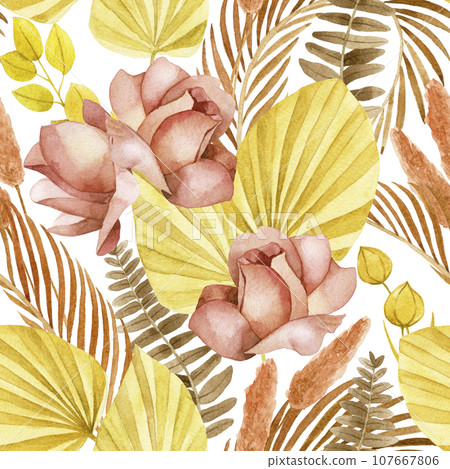 watercolor drawing, seamless pattern of dry tropical leaves and flowers in boho style. dried flowers, palm leaves, roses 107667806