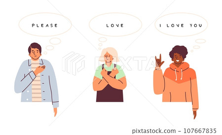 Diverse people communicating in sign language, flat vector illustration isolated on white background. 107667835