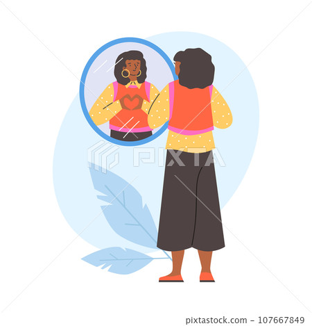 Pretty smiling black woman looking in mirror, reflection the heart sign with fingers, love yourself vector illustration 107667849