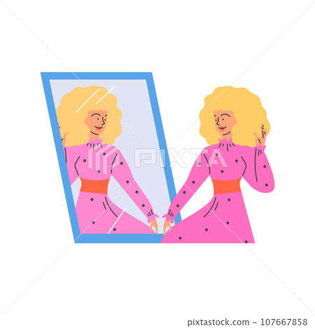 Blonde woman in pink dress flaunts, posing enjoying her reflection in the mirror, vector fashion girl, Love yourself Blonde woman in pink dress flaunts, posing enjoying her reflection in the mirror, vector fashion girl, Love yourself 107667858