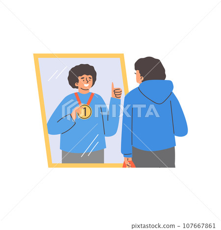 Young man looking in the mirror, in reflection the best sportsman with first place medal, Believe in yourself vector 107667861