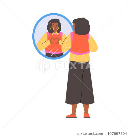 Pretty black woman looking in the mirror and showing heart with hands, vector round mirror with reflection love yourself 107667894