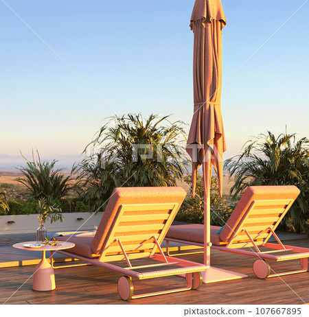 Luxury hotel design. Modern villa outside with beautiful garden, brown wooden floor and green palm plants. NIght scene lighting and sunset mountain view. 3d rendering. High quality 3d illustration 107667895