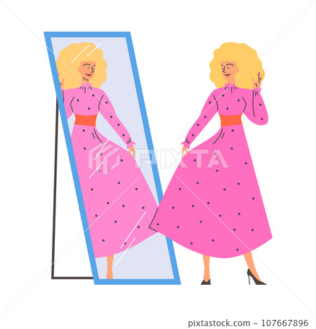 Blonde woman in pink dress posing, flaunts, enjoying her reflection in the mirror, Love yourself vector fashion girl Blonde woman in pink dress posing, flaunts, enjoying her reflection in the mirror, Love yourself vector fashion girl 107667896