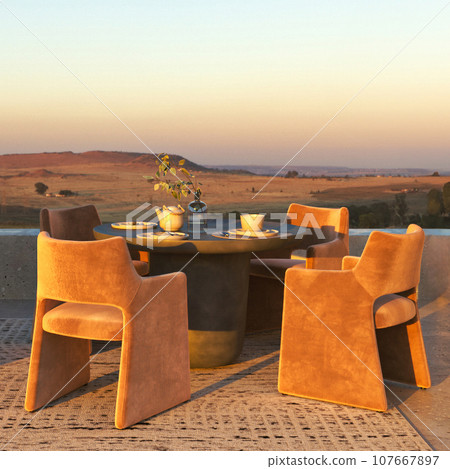 Outdoor beige scandinavian balcony with modern stone dining table and orange chairs. Beautiful nature sunset mountains view and blue sky background. 3d rendering mockup. High quality 3d illustration Outdoor beige scandinavian balcony with modern stone dining table and orange chairs. Beautiful nature sunset mountains view and blue sky background. 3d rendering mockup. High quality 3d illustration 107667897