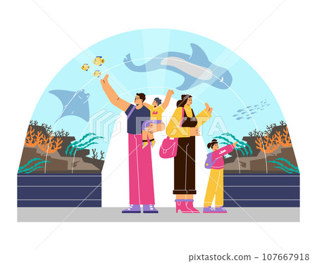 Family with children watching underwater scenery with marine flora and fauna in giant oceanarium, excursion vector Family with children watching underwater scenery with marine flora and fauna in giant oceanarium, excursion vector 107667918