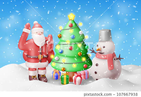 3D Santa Claus Character with Gift Bag in Snow. 107667938