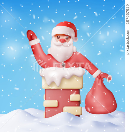 3D Santa Claus with Bag in House Chimney 107667939